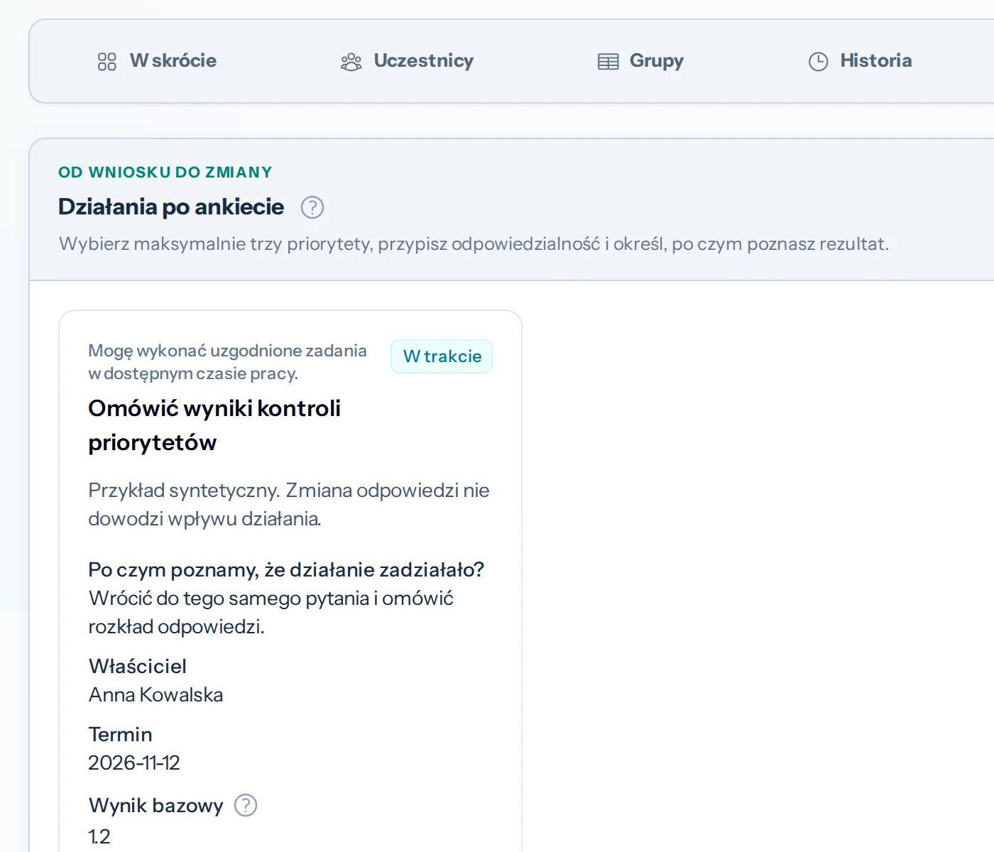 Plan działań po ankiecie z właścicielem, miernikiem i terminem przeglądu