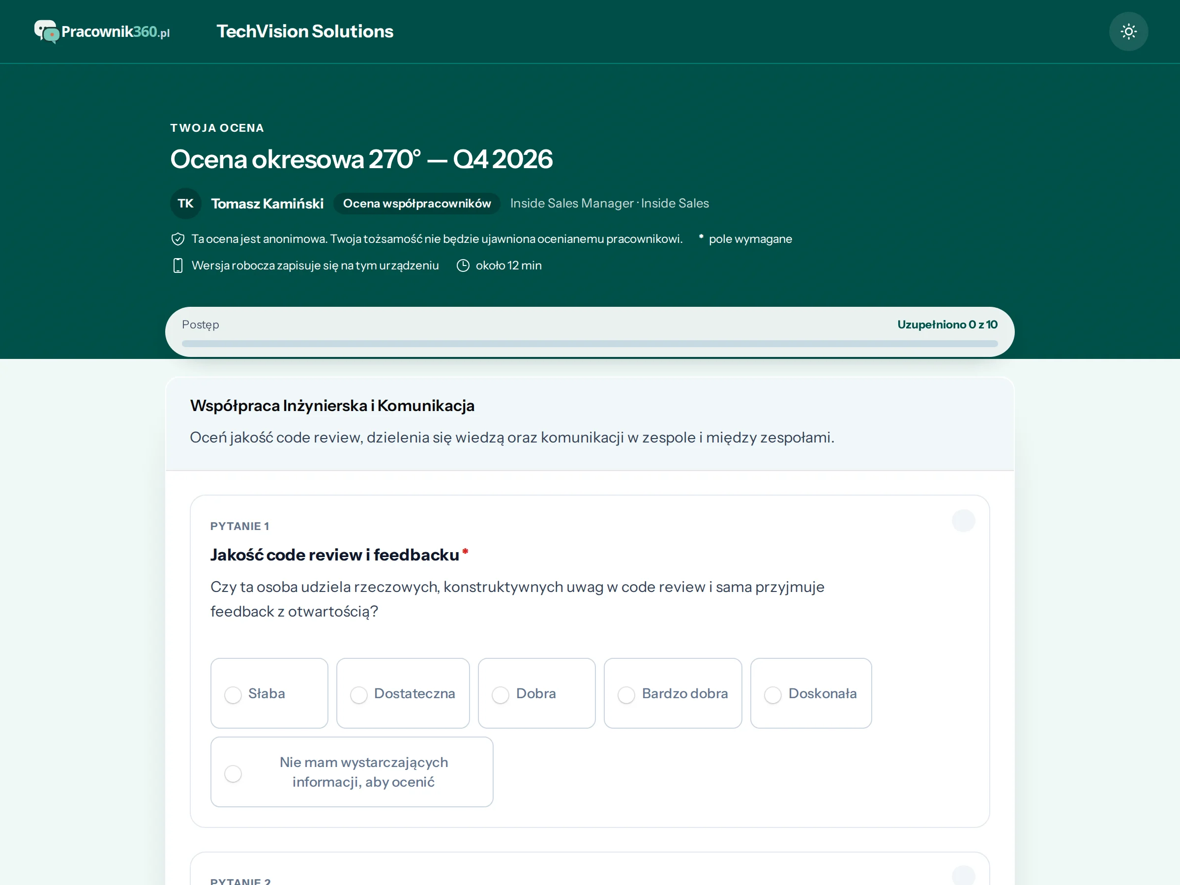 Formularz oceny pracowniczej otwierany z linku w e-mailu