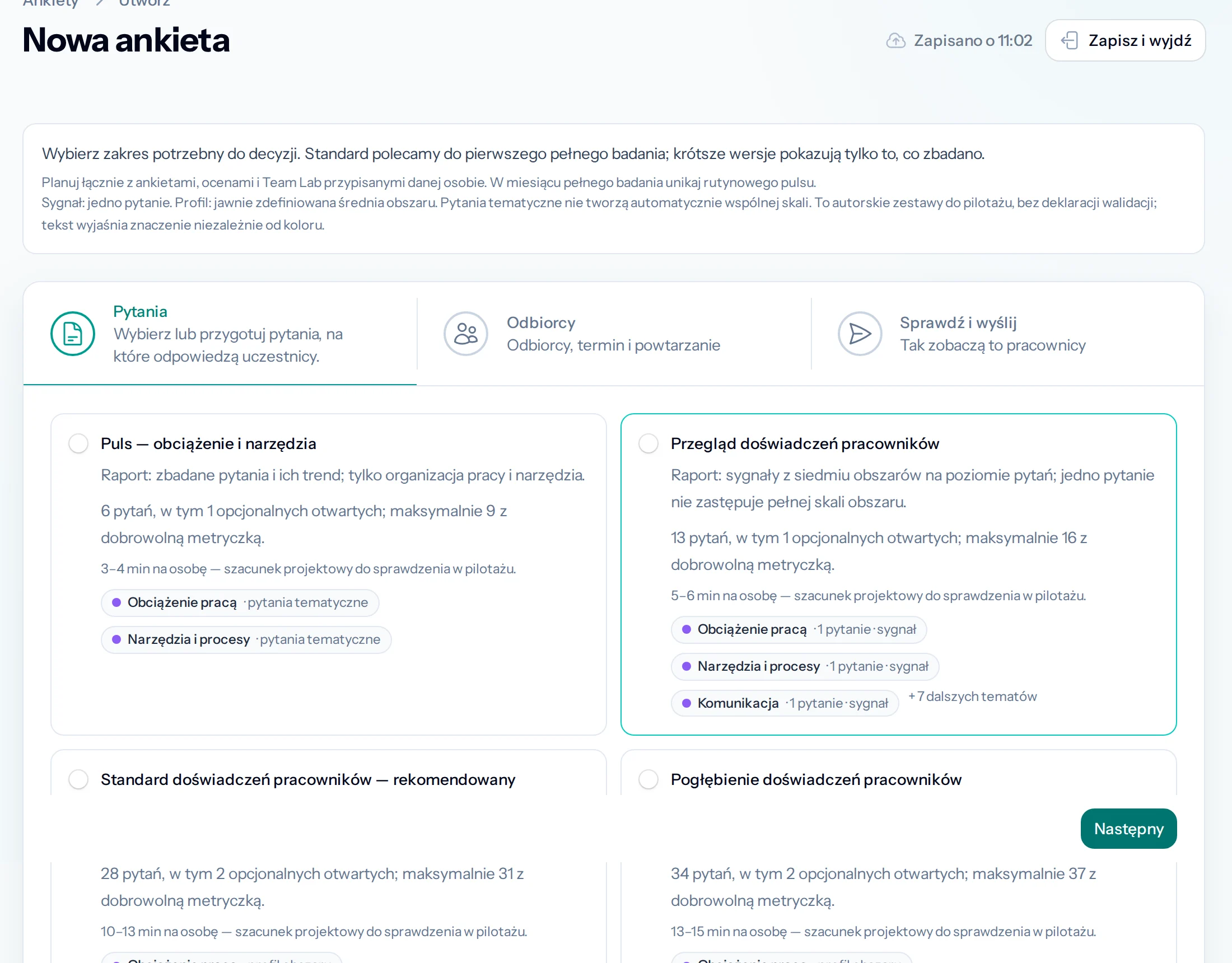Wybór szablonu ankiety pracowniczej: zaangażowanie z eNPS, puls, wellbeing, onboarding i exit interview